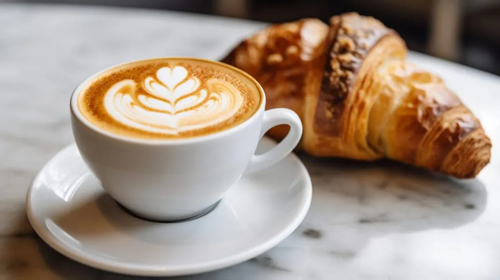 A freshly baked croissant next to a delicious latte, perfect for National Croissant Day.