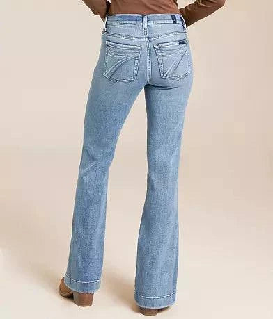 Back view of 7 for All Mankind Dojo Tailorless Trouser Jeans in medium wash, showcasing premium denim with a slim fit and mid-rise waist, available at Lemonberry in Aurora, ON