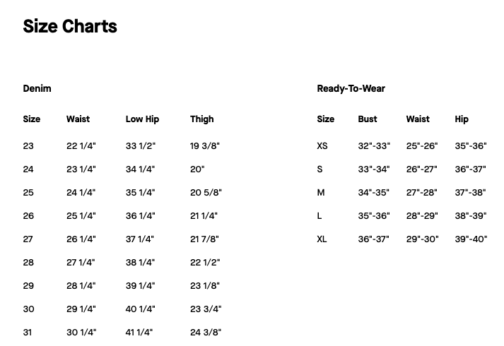 Size chart for 7 for All Mankind Dojo Tailorless Trouser Jeans, providing measurements for waist, inseam, and rise to help find the perfect fit, available at Lemonberry in Aurora, ON.