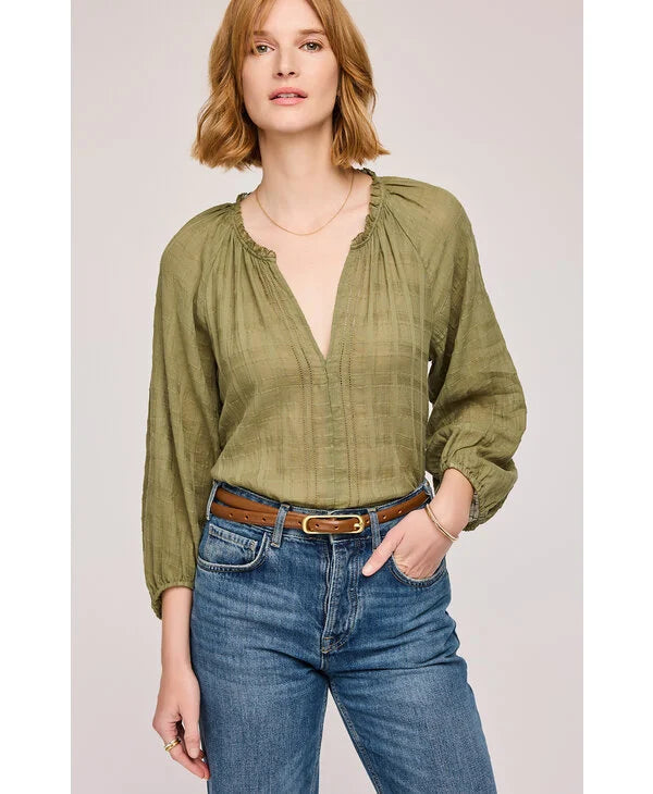 The light weight and very stylish blouse by gentle fawn in matcha, a perfect match with your favourite jeans from Lemonberry in Aurora, ON. 