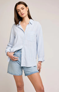 Model wearing the Portia button down top by Gentle Fawn with denim shorts, available at Lemonberry in Aurora, ON.