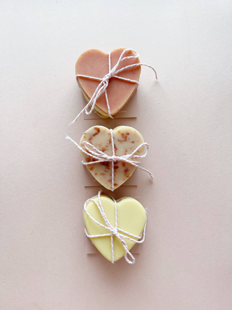 Sweetheart Soap Stack by SOAK Bath Co, featuring three artisan soap bars: Patchouli + Lavender, Lemongrass, and Peppermint + Orange. Each soap is scented with essential oils only, handcrafted in Manitoba, Canada, by a woman-owned brand.