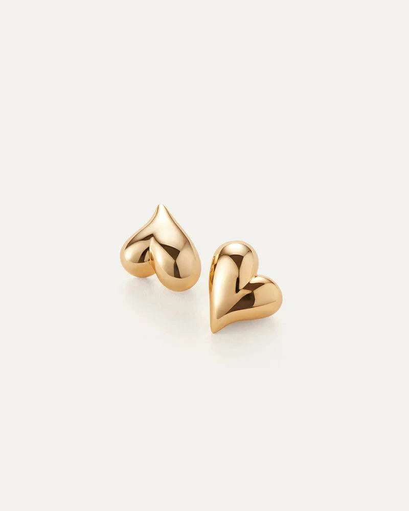 Art Heart Button Earrings by Jenny Bird in high-polish gold, displayed on a white background.