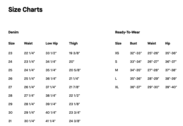 Size chart for the Bonnie Barrel Leg Jeans by 7 For All Mankind, providing measurements for accurate fit and sizing guidance.