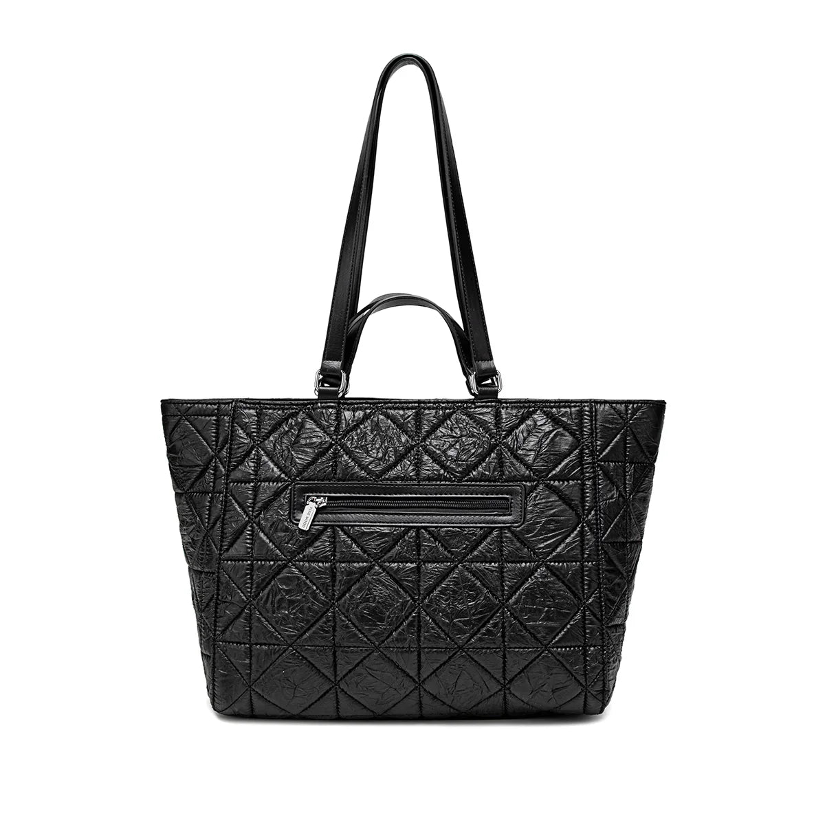 Front view of the Brenda Tote by Pixie Mood, showcasing its quilted, water-resistant design made from eco-friendly recycled nylon.
