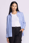 Another front view of Dorit Top by Pink Martini in blue, unbuttoned, highlighting the striped design.