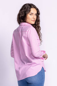 Back view of Dorit Top by Pink Martini in pink, showcasing the striped design and relaxed fit.