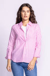 Front view of Dorit Top by Pink Martini in pink, unbuttoned with a few buttons open, showcasing striped pattern.

