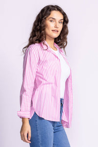 Side view of Dorit Top by Pink Martini in pink, highlighting the striped pattern and relaxed fit.