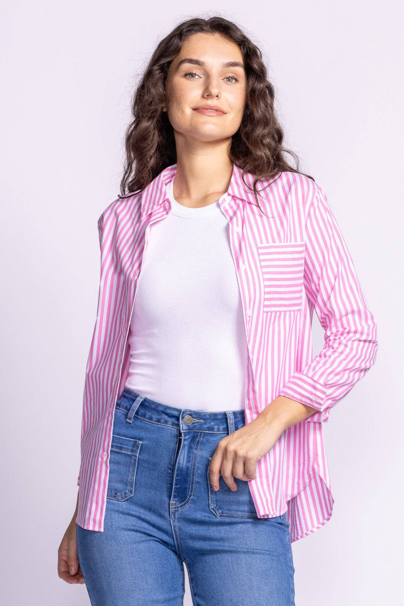 Front view of Dorit Top by Pink Martini in pink, unbuttoned, showcasing the striped pattern