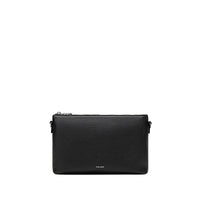 The large black Drea pouch, featuring a spacious interior and detachable straps, perfect for use as a clutch or crossbody bag.