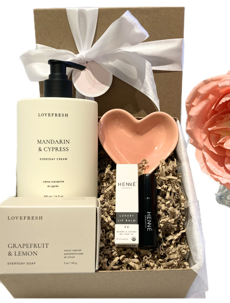 Essentials Kit – A curated gift box with a heart pinch bowl, luxury lip balm, everyday creme, and artisan soap.