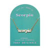 Foxy Originals Scorpio Zodiac Necklace on its display card, featuring a gold script-style pendant with stylish packaging.