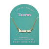 Foxy Originals Taurus Zodiac Necklace on its display card, featuring a gold script-style pendant with stylish packaging.