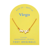 Foxy Originals Virgo Zodiac Necklace on its display card, featuring a gold script-style pendant with stylish packaging.