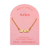 Foxy Originals Aries Zodiac Necklace on its display card, showcasing a gold script-style pendant with elegant packaging.