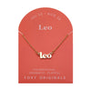 Foxy Originals Leo Zodiac Necklace on its display card, featuring a gold script-style pendant with stylish packaging.