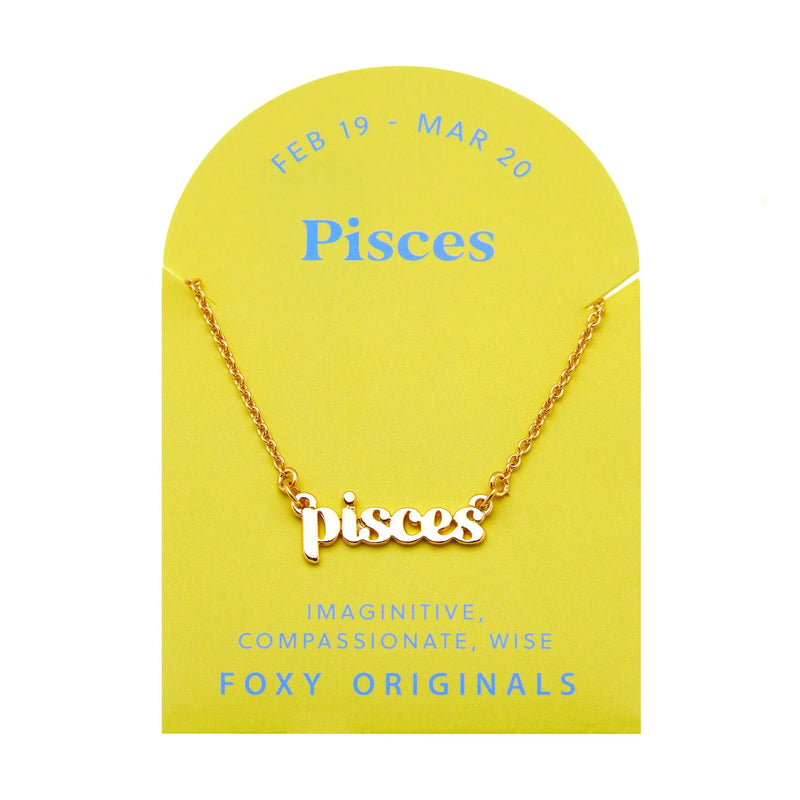 Foxy Originals Pisces Zodiac Necklace on its display card, featuring a gold script-style pendant with stylish packaging.