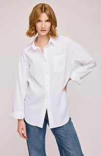 Front view of the Callahan Shirt in White, featuring a light crinkle texture and patch pockets.