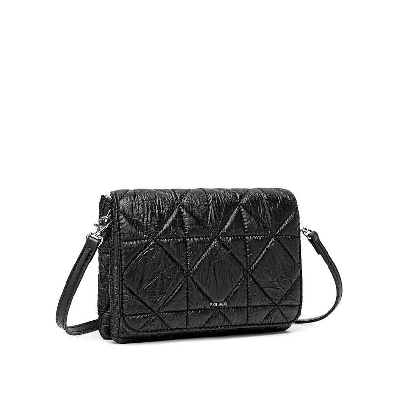 Angled front view of the Gianna Crossbody by Pixie Mood, highlighting its structured design and magnetic flap closure.