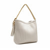 Angled view of the Isabella Shoulder Bag in white, showing off its elegant pleated design and luxurious chain strap.