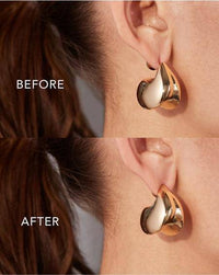 Before and after comparison showing the effect of Jenny Bird Lobe Lifting Earring Backs, demonstrating how the backs lift and support earrings for a more flattering fit.