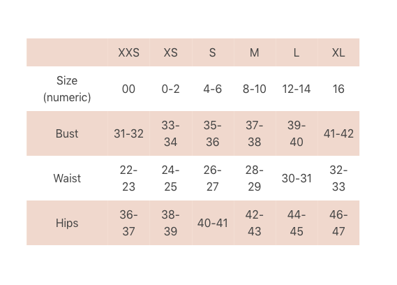 Size chart for Katherine Top, providing detailed measurements for a perfect fit, available at Lemonberry, Aurora, ON