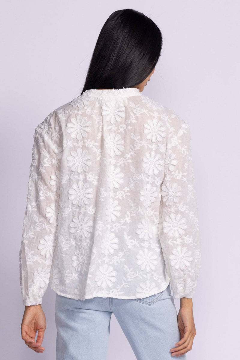 Back view of the Katherine Top, white embroidered blouse by Pink Martini, highlighting the intricate embroidery and elegant fit, available at Lemonberry, Aurora, ON.