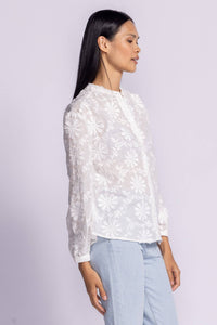 Front view of the Katherine Top, white embroidered blouse by Pink Martini, available at Lemonberry, Aurora, ON