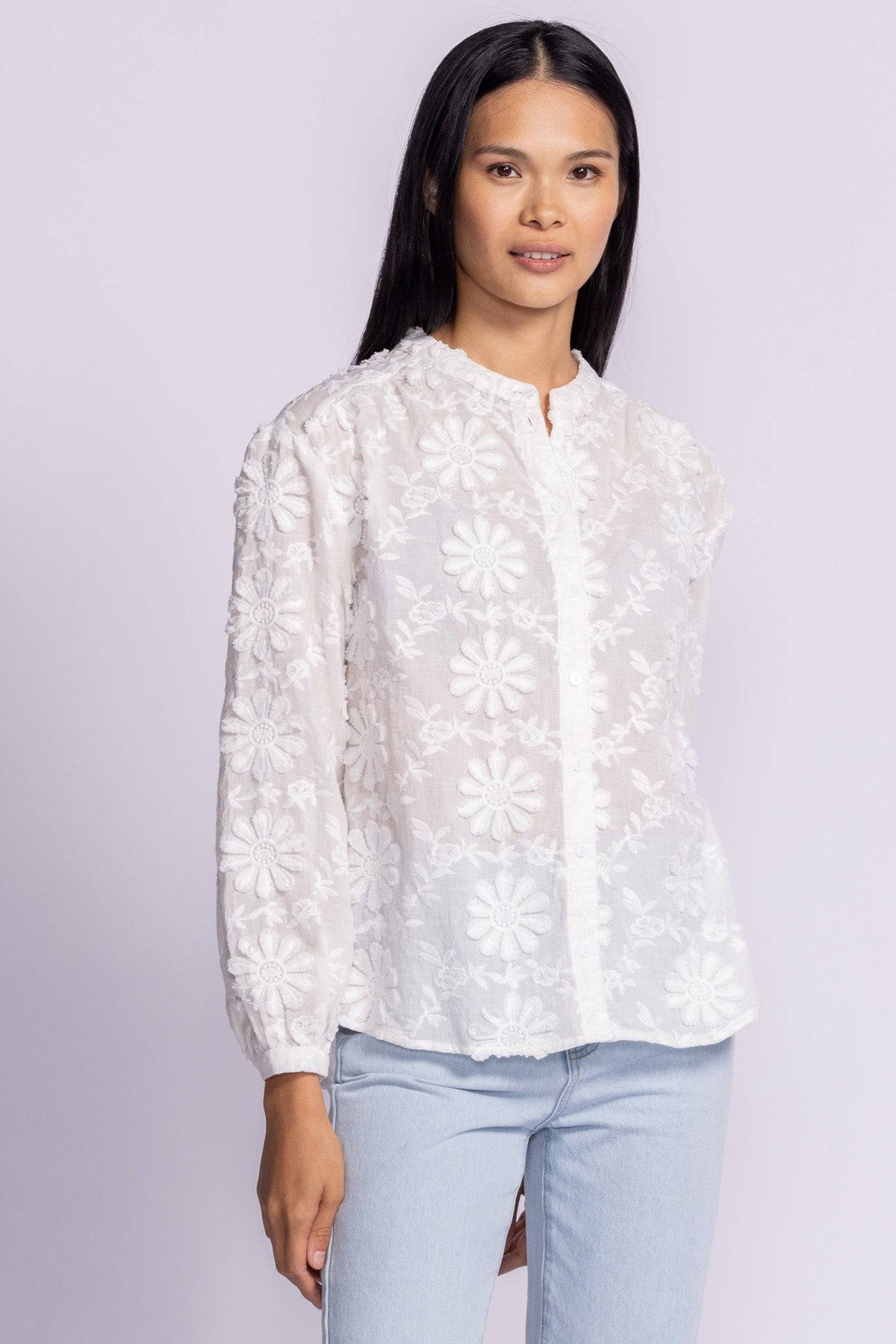 Katherine Top by Pink Martini – White embroidered top with elegant detailing