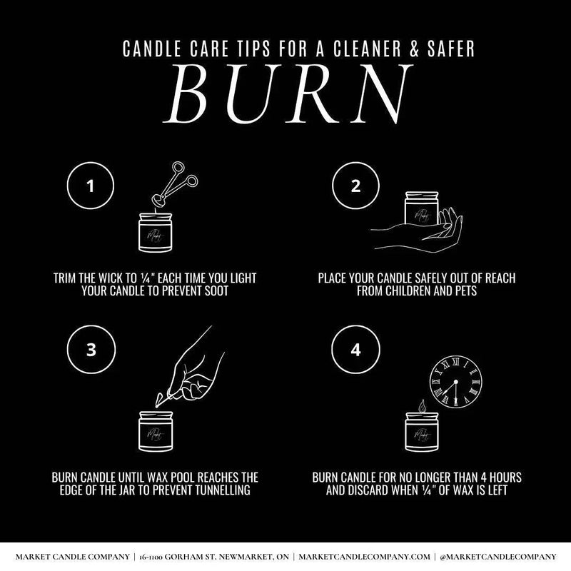 A poster with care instructions for Market Candle Company soy candles, including tips on wick trimming and safe burning to ensure a long-lasting, clean burn.
