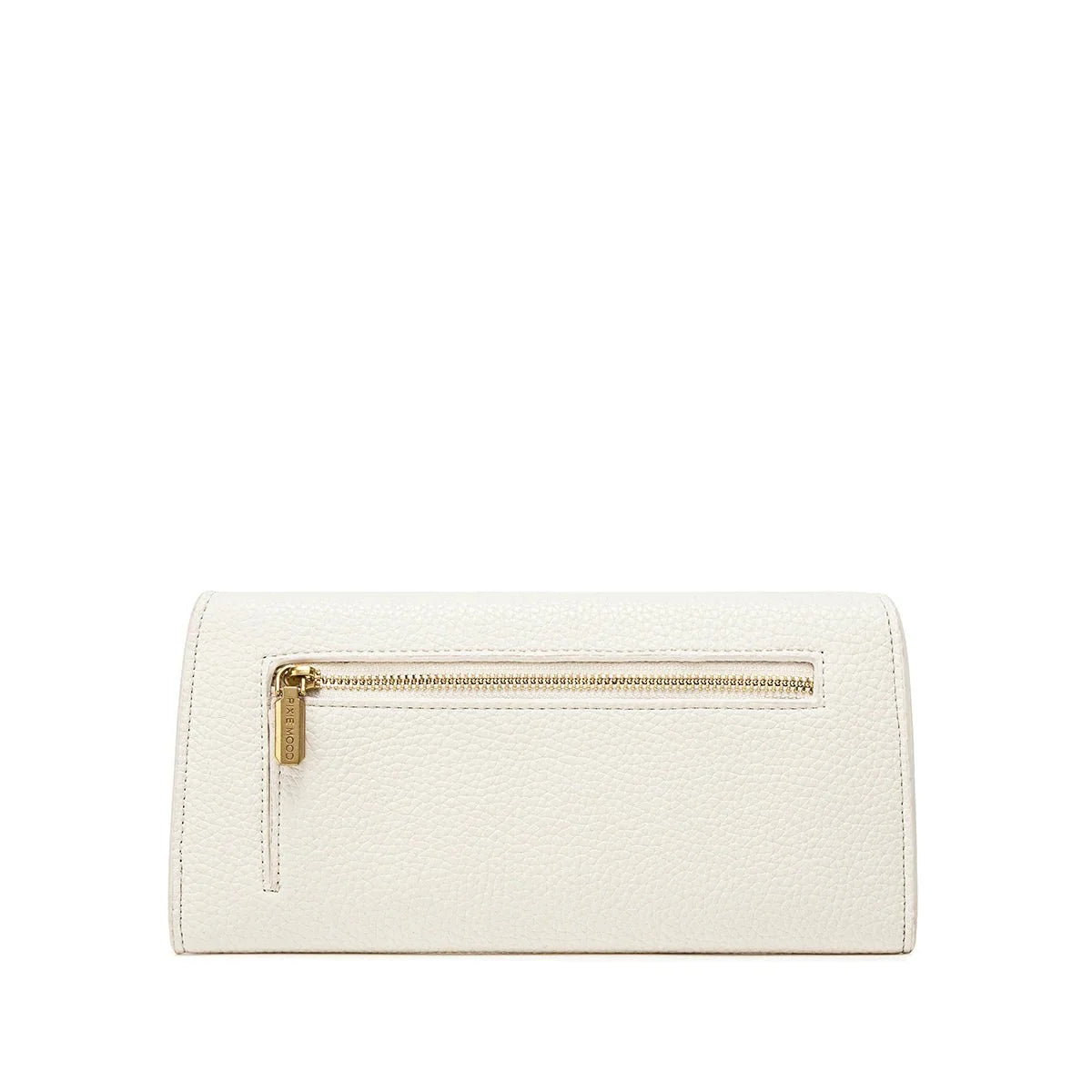 Back view of the white Mavis Wallet by Pixie Mood, showcasing the exterior zip pocket for additional storage and eco-friendly recycled materials.