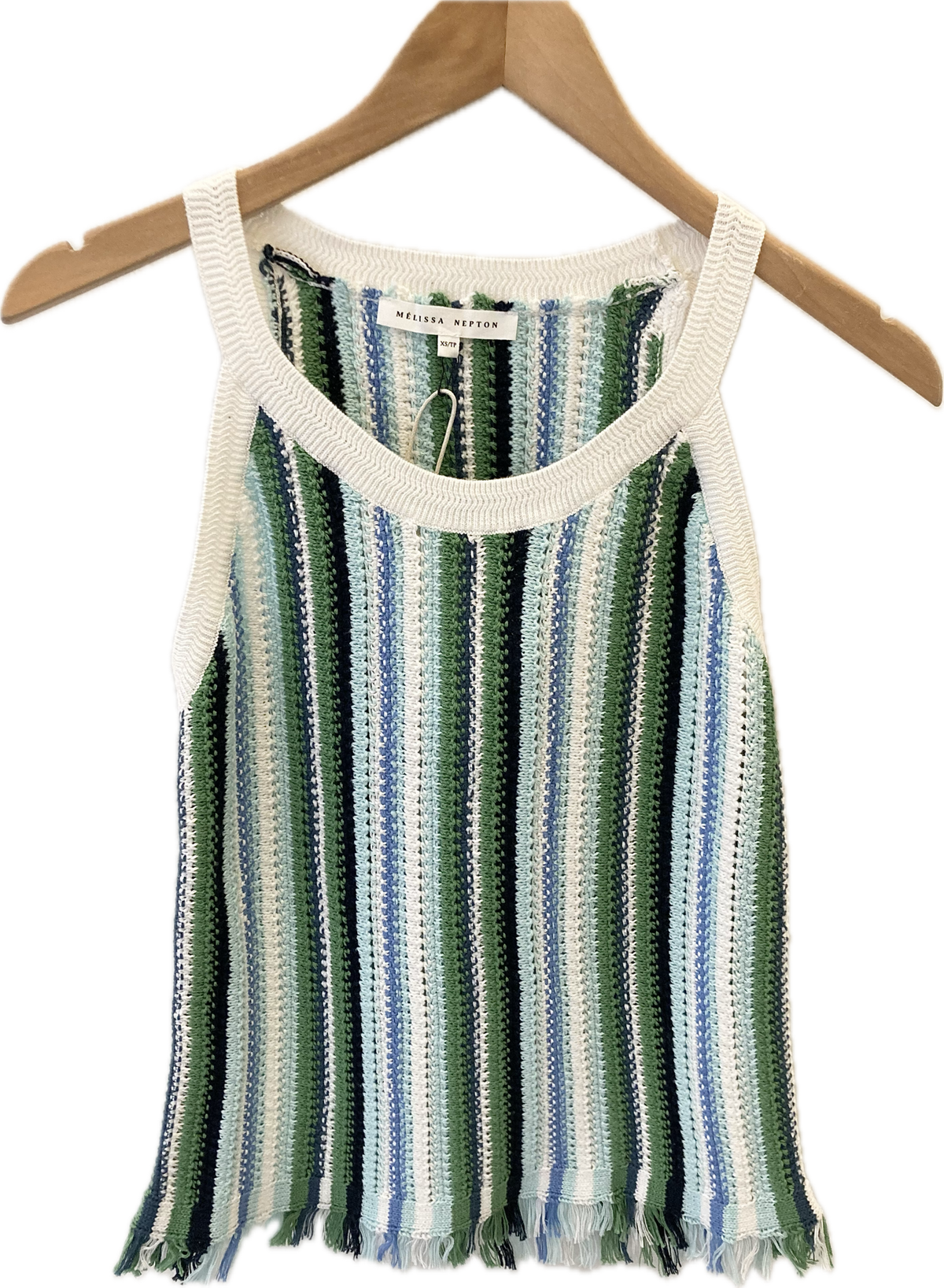 Pacifico Tank by Melissa Nepton - Crochet halter neck striped tank with fringed hem, made from 100% cotton, available at Lemonberry in Aurora