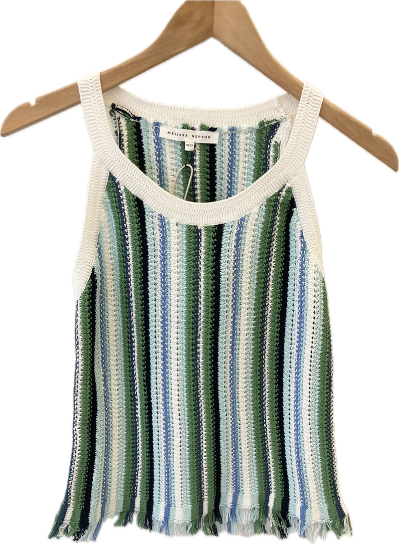 Pacifico Tank by Melissa Nepton - Crochet halter neck striped tank with fringed hem, made from 100% cotton, available at Lemonberry in Aurora