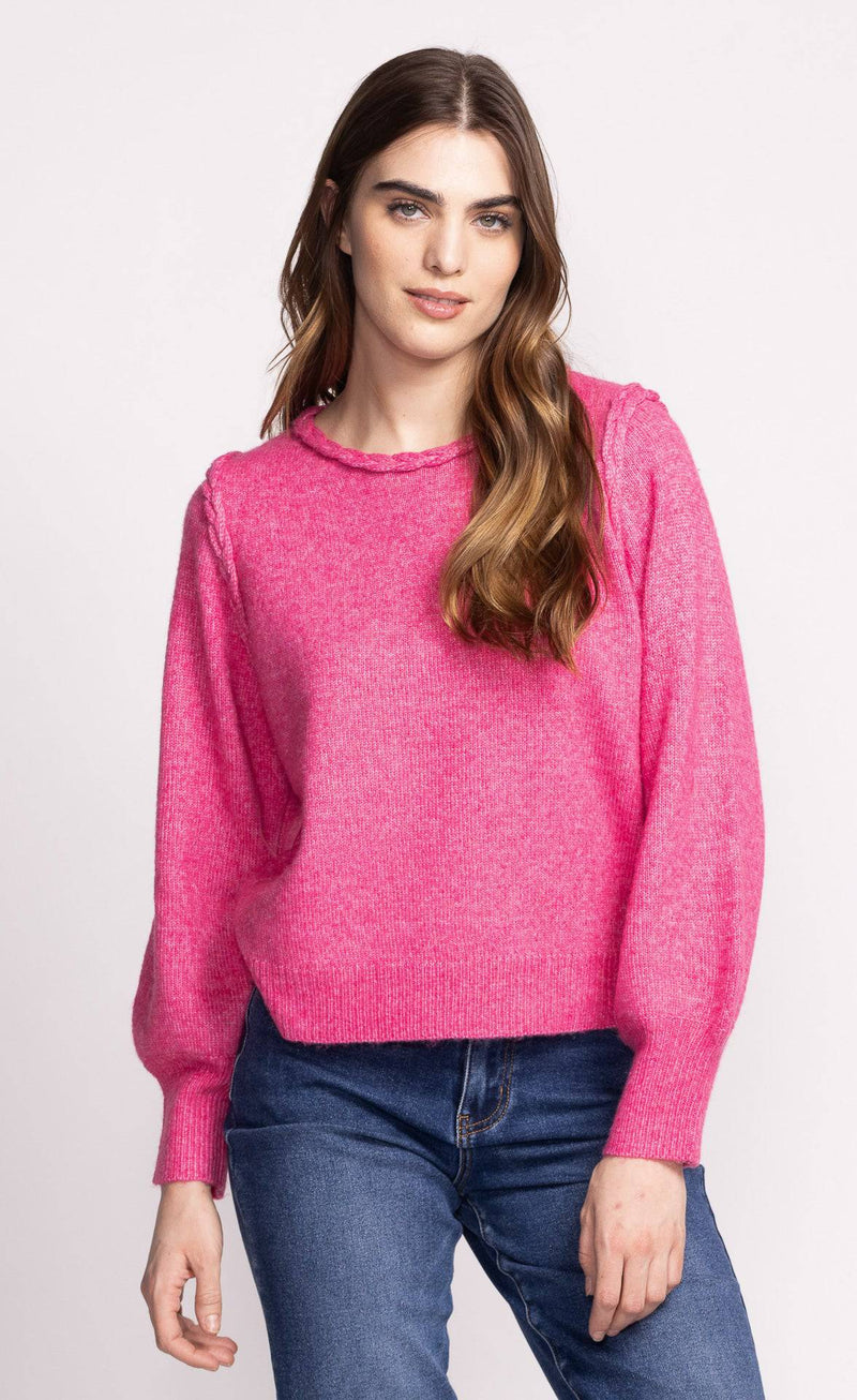 Front view of the Pink Martini Audrey Sweater showcasing the rolled collar and billowed sleeves. A chic and versatile Canadian-made sweater.