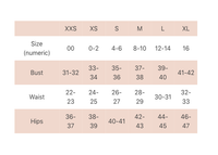 Size chart for the Pink Martini Audrey Sweater, ensuring the perfect fit for every customer. Includes measurements for various sizes.