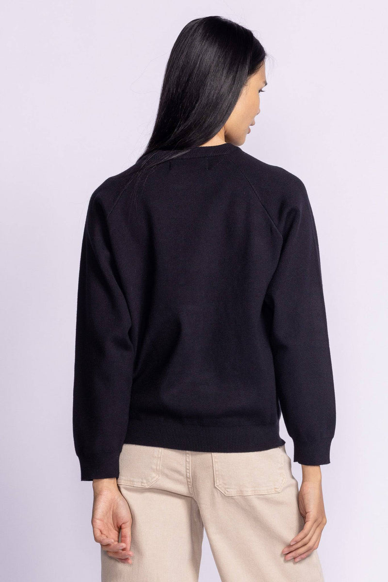 Back view of the Pink Martini Catching Flights Sweater, showcasing the raglan design and smooth fabric drape.