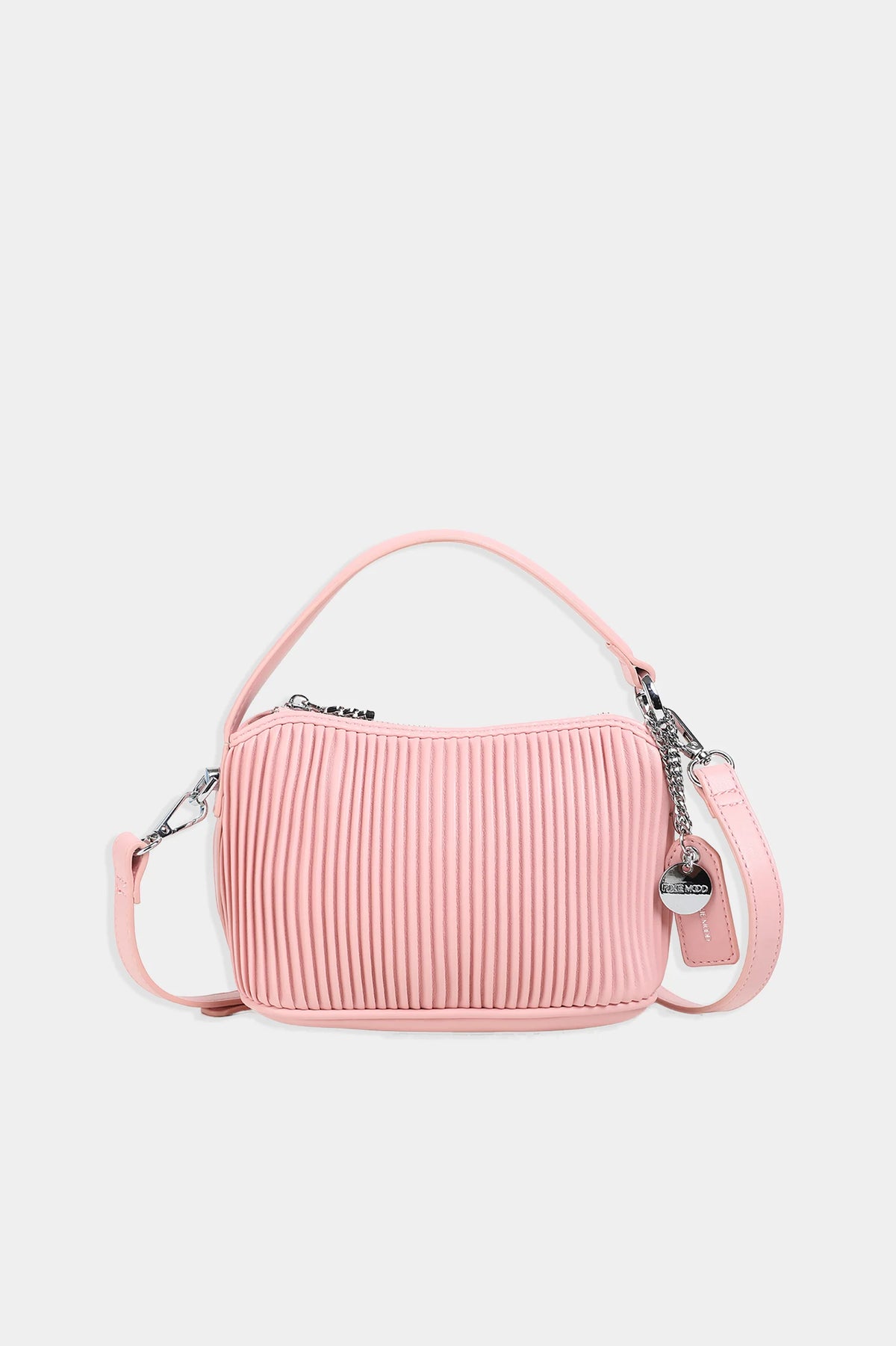 Ella Crossbody in pink by Pixie Mood, front view showcasing pleated design and compact shape.