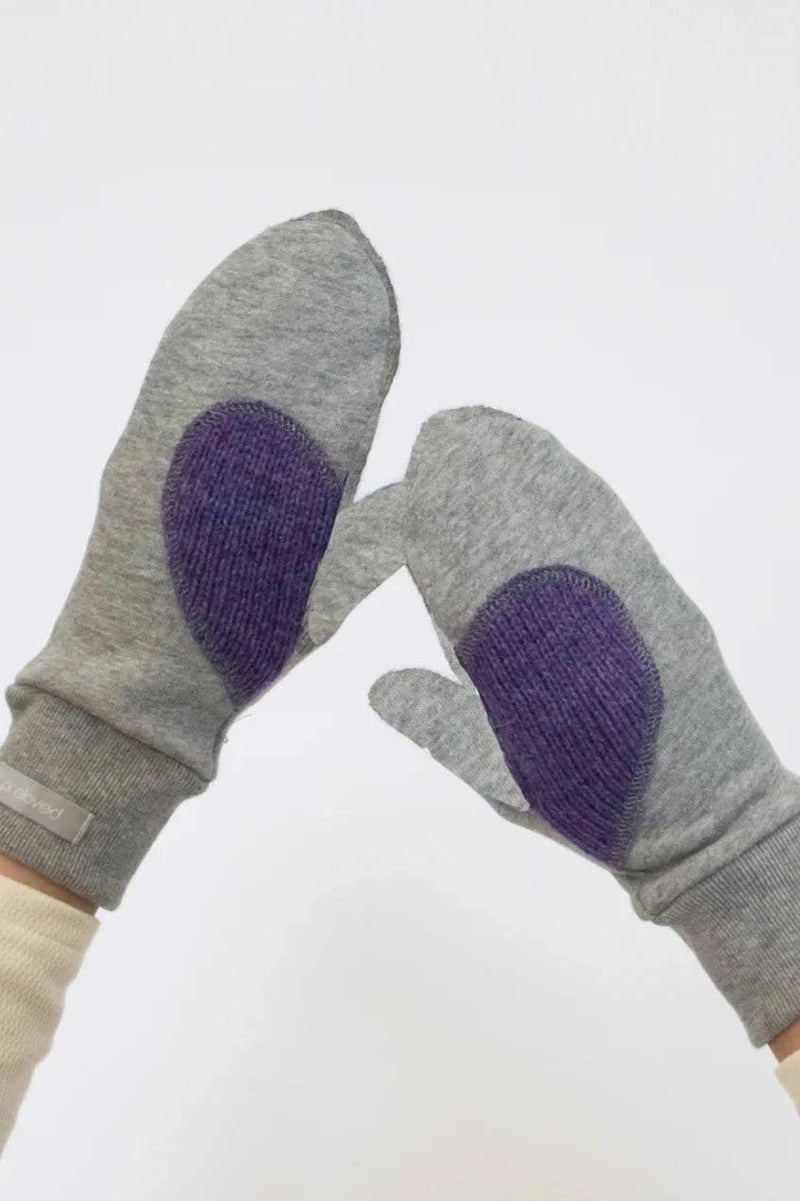 Preloved Ariel Mitts with purple heart design, handmade in Canada from upcycled wool and cotton fleece.