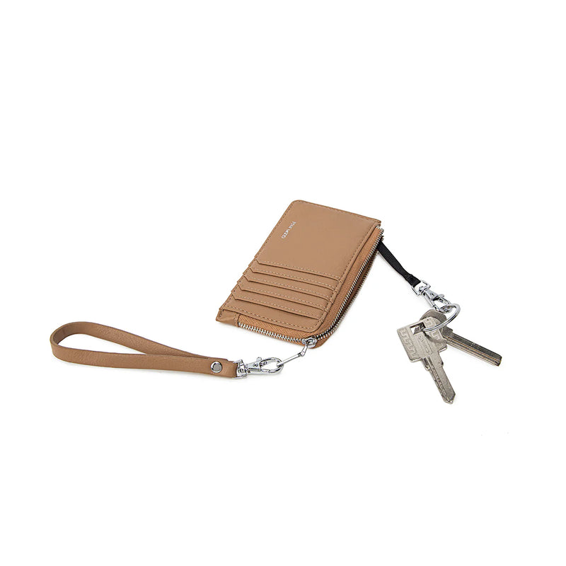 Brown Quinn Card Wallet by Pixie Mood with an incorporated keychain, featuring RFID protection and eco-friendly vegan leather.