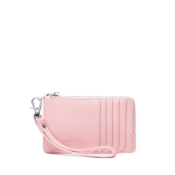 Pink Quinn Card Wallet by Pixie Mood on a white background, showcasing layered design and eco-friendly vegan leather.