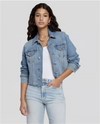 Model wearing 7 For All Mankind Trucker Jacket with a white tanks and jeans. Available at Lemonberry in Aurora On