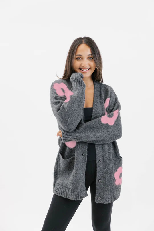 Smash + Tess flora women's cardigan in grey and pink, soft, and cozy, perfect for layering