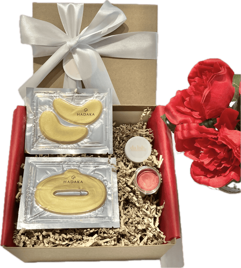 A beautifully curated Valentine's Gift Box featuring a Hadaka Eye & Lip Mask, Dalish Lip & Cheek, and a stylishly wrapped gift box with tissue, ribbon, and Lemonberry branding. Perfect for self-care or gifting.