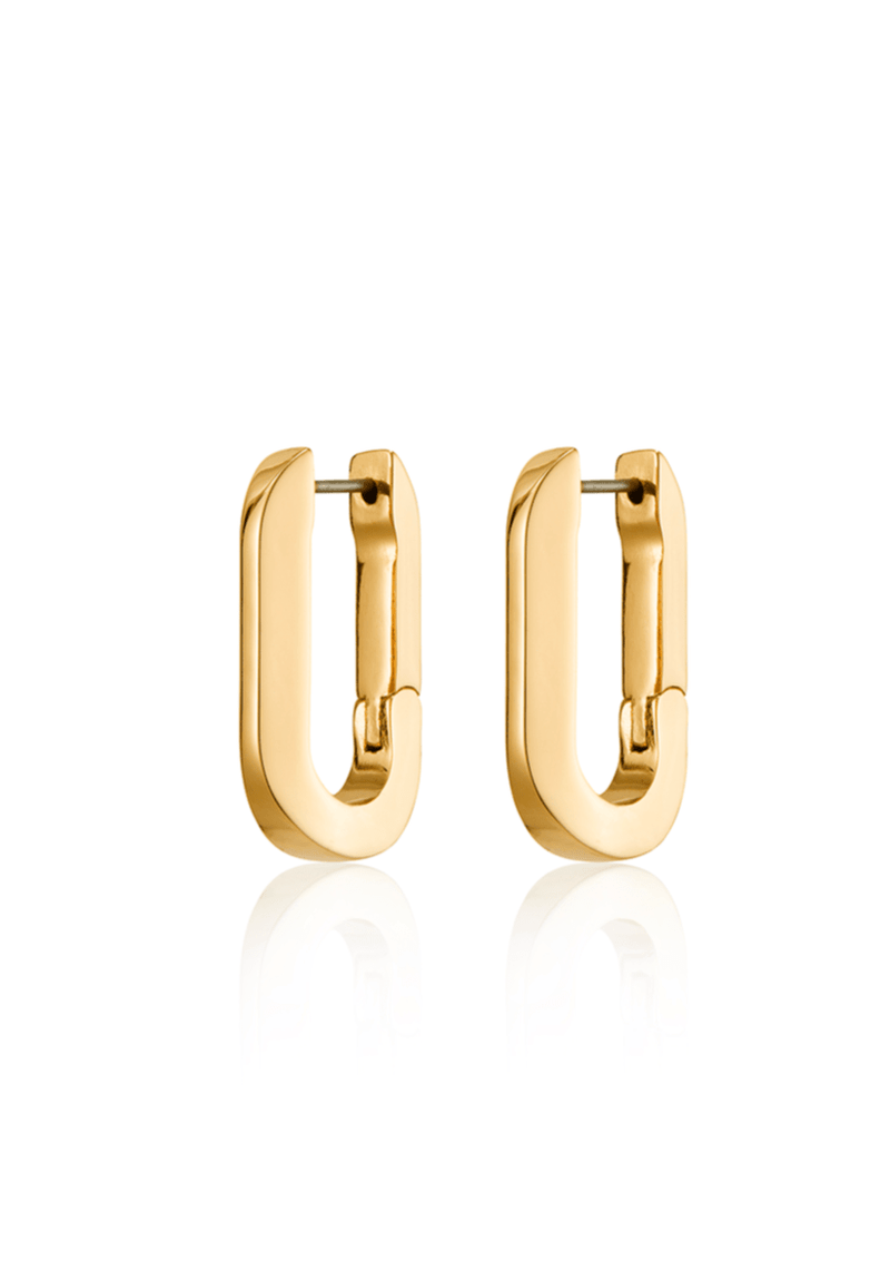 Close-up of Jenny Bird U-Link Earrings in gold, featuring a high polish finish and custom link design with a hinged closure.