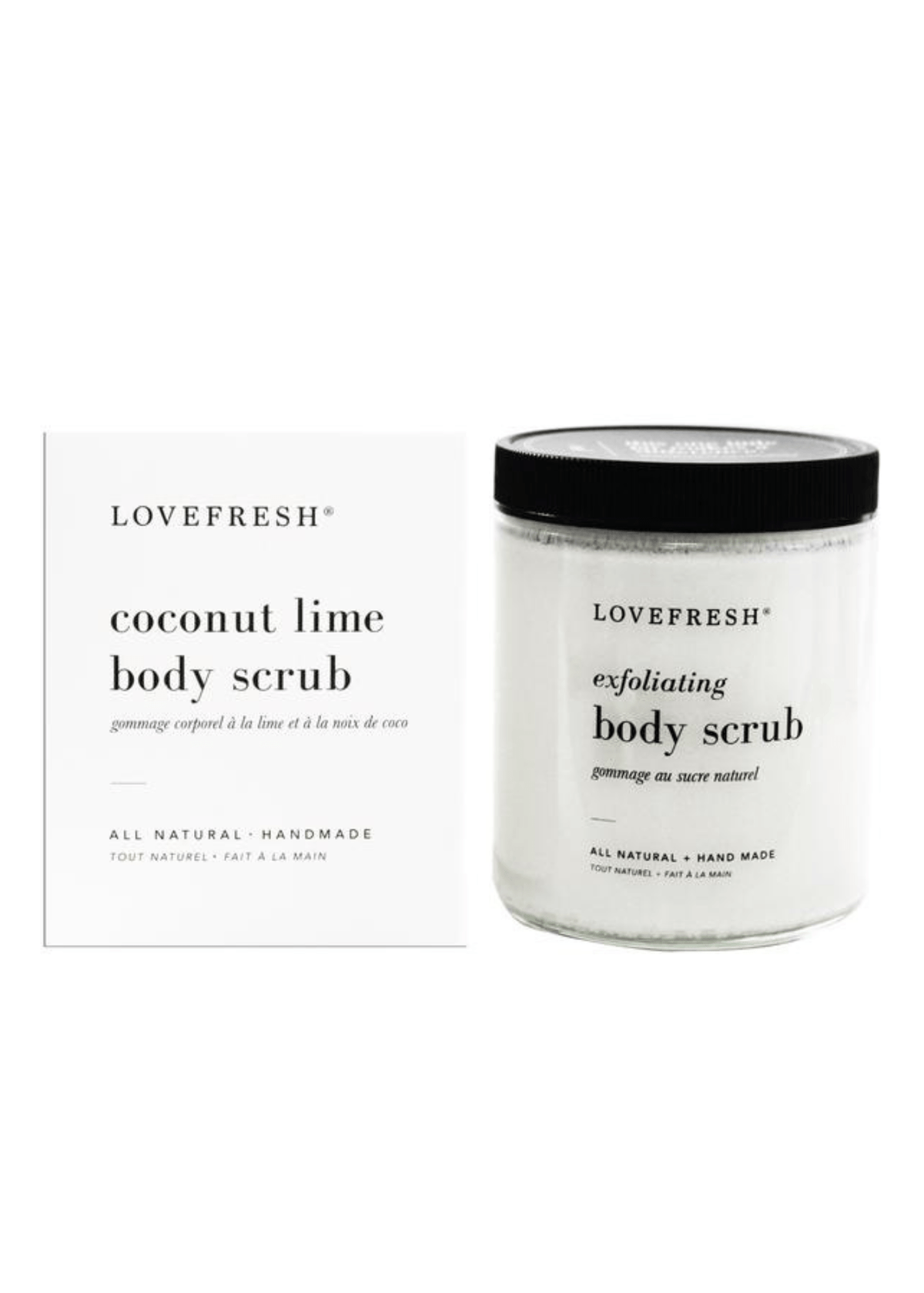 Lovefresh Coconut Lime Scrub in a 9 oz jar, made with coconut oil and lime essential oil for exfoliating and hydrating skin, available at Lemonberry in Aurora.